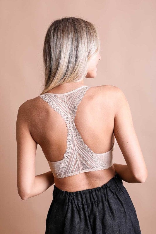 Leto Accessories Beige / S Seamless Front Lace Racerback Bralette