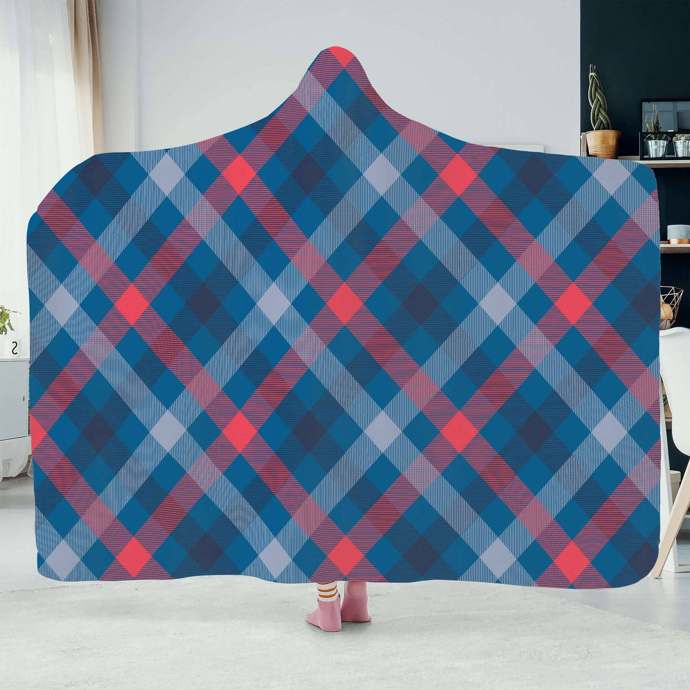 Poppy Wish Hooded Blanket Blue Tartan Plaid Hooded Blanket