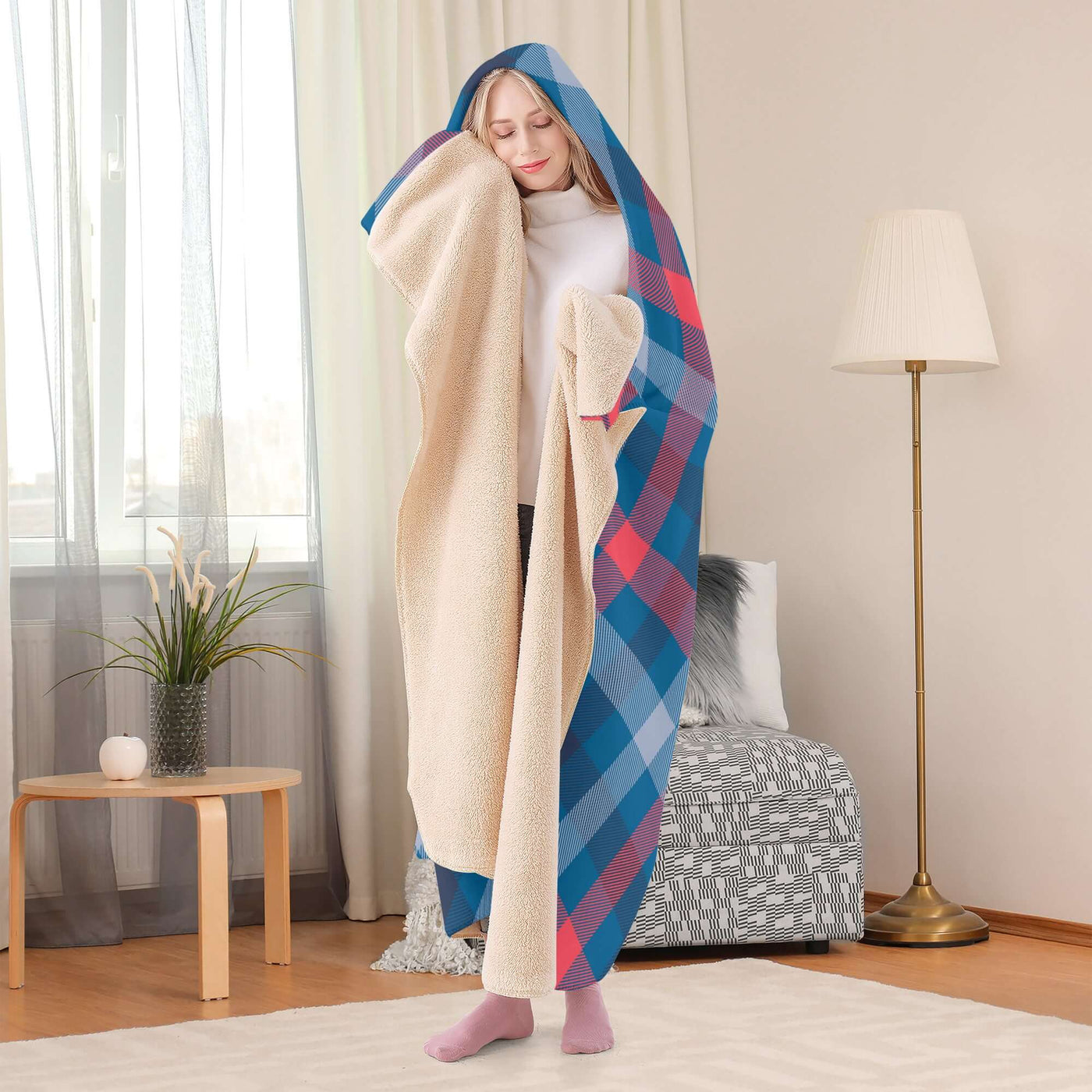 Poppy Wish Hooded Blanket Blue Tartan Plaid Hooded Blanket