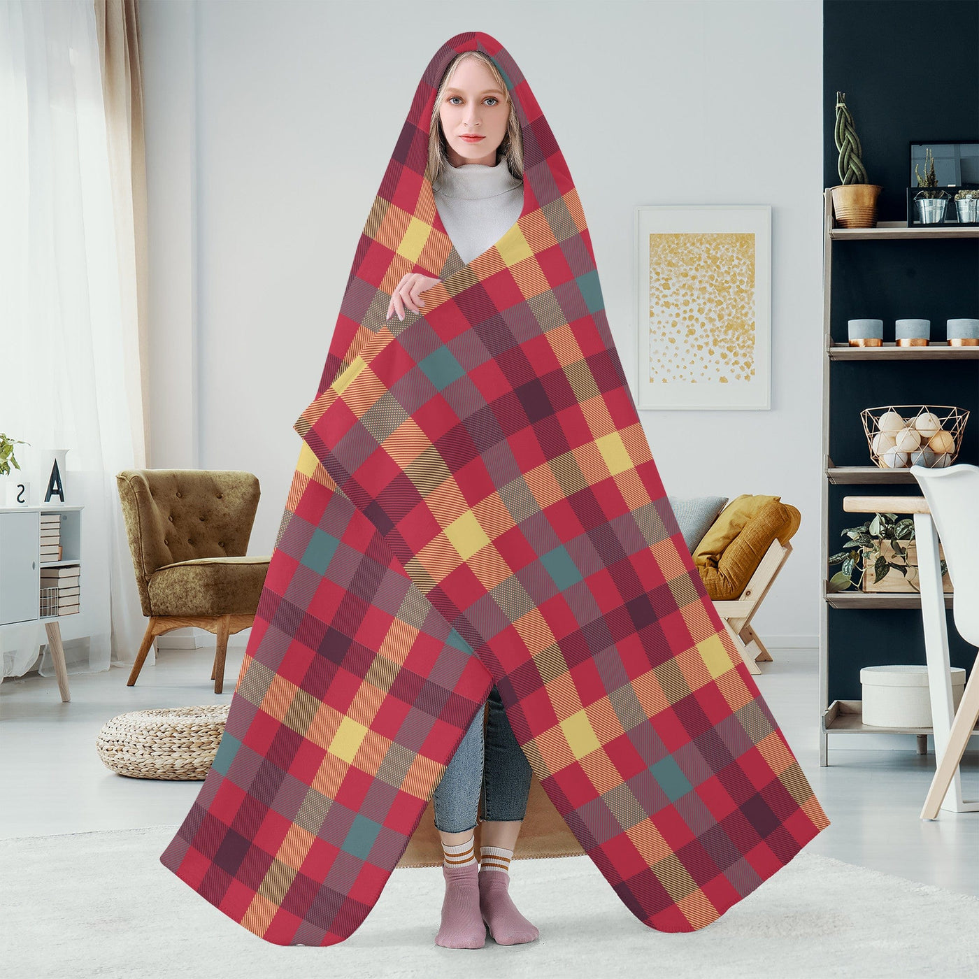 Poppy Wish Hooded Blanket Red Tartan Plaid Hooded Blanket