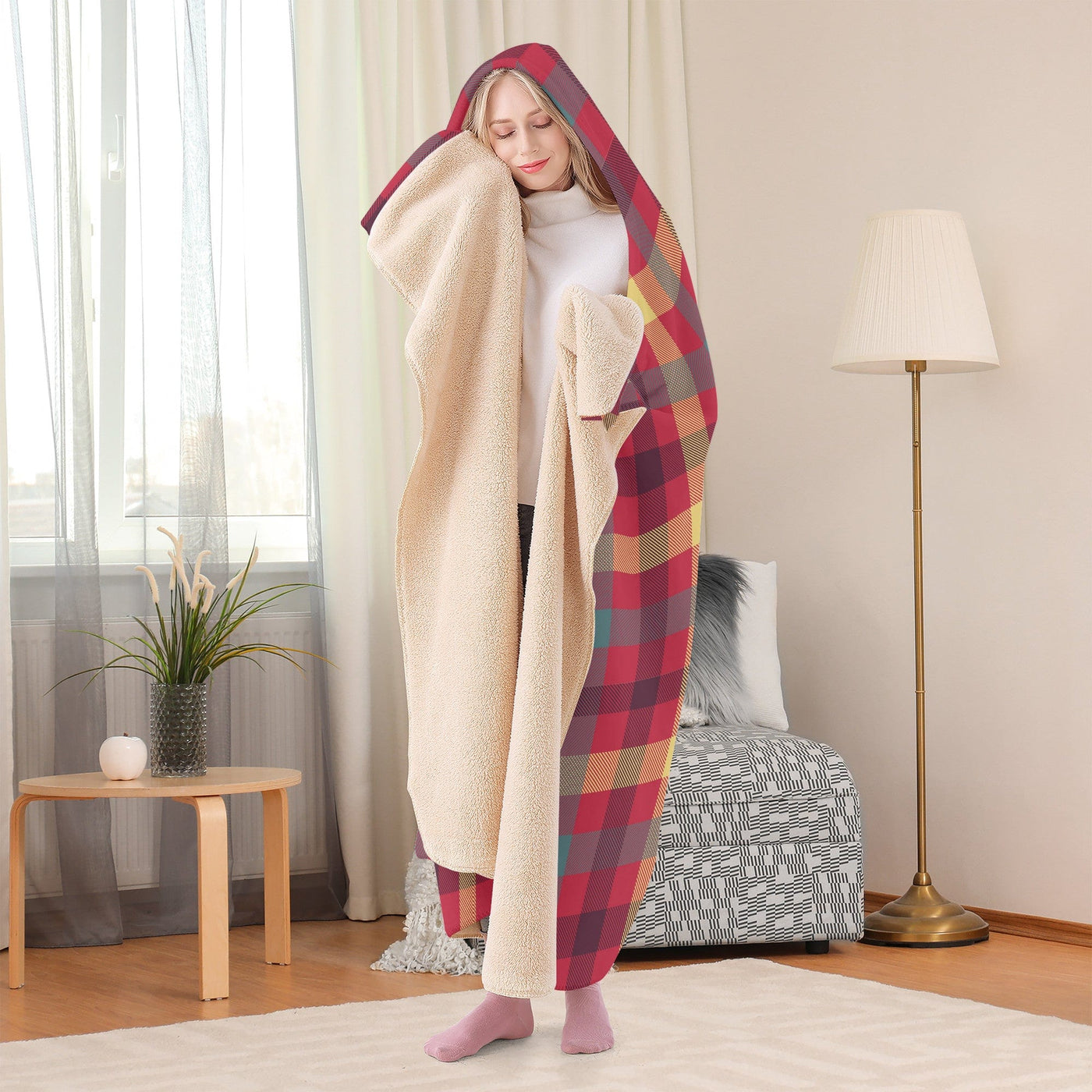 Poppy Wish Hooded Blanket Red Tartan Plaid Hooded Blanket