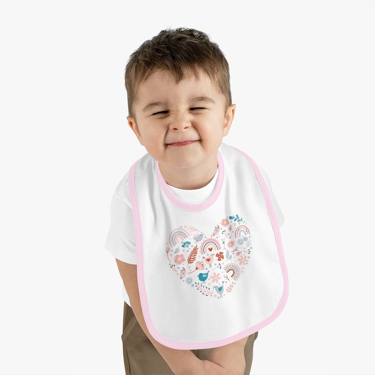 Printify Kids clothes White/Pink / One size Rainbow Heart Contrast Trim Jersey Bib