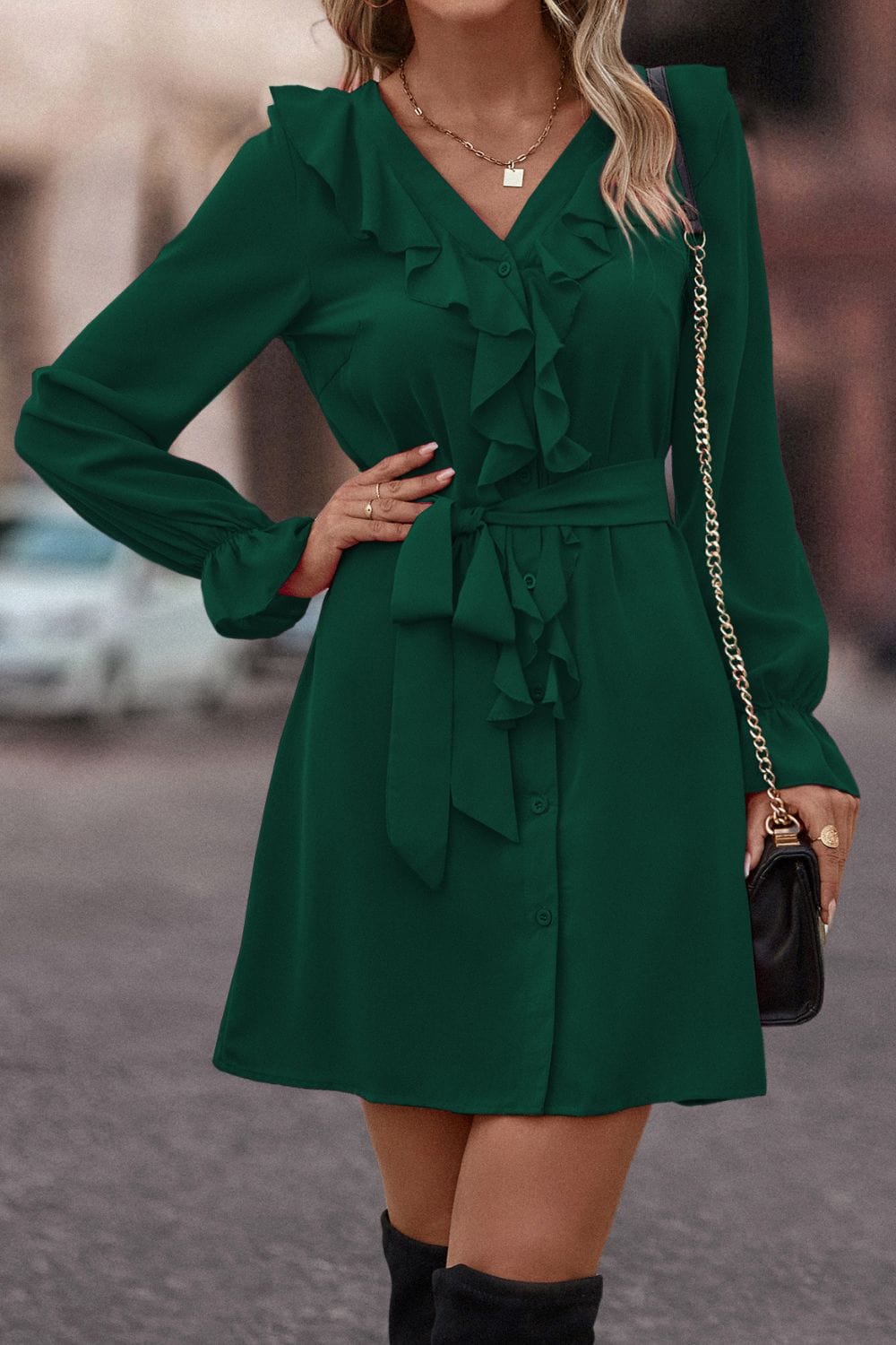 Trendsi Dress Green / S Ruffled Flounce Sleeve V-Neck Belted Dress