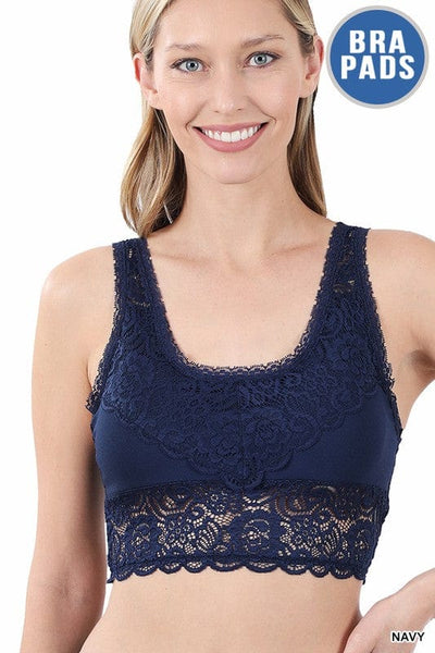 ZENANA Bra SEAMLESS STRETCH LACE BRA TOP REMOVABLE BRA PADS