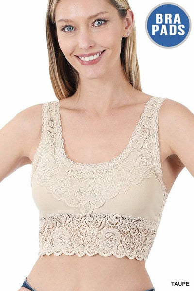 ZENANA TAUPE / S/M SEAMLESS STRETCH LACE BRA TOP REMOVABLE BRA PADS